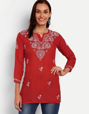Hand embroidered red cotton lucknowi chikankari kurti 3