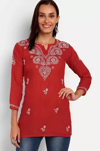 Hand embroidered red cotton lucknowi chikankari kurti