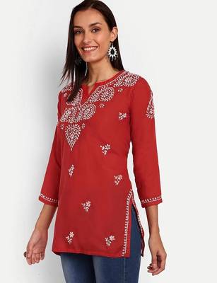 Hand embroidered red cotton lucknowi chikankari kurti 4