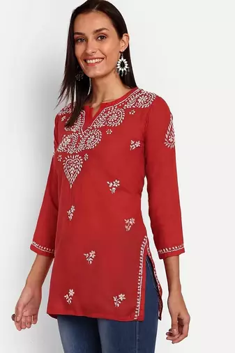 Hand embroidered red cotton lucknowi chikankari kurti