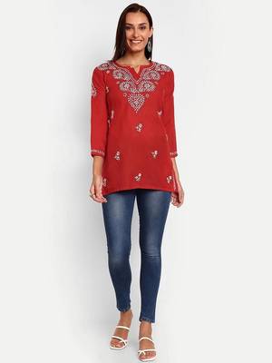 Hand embroidered red cotton lucknowi chikankari kurti 5
