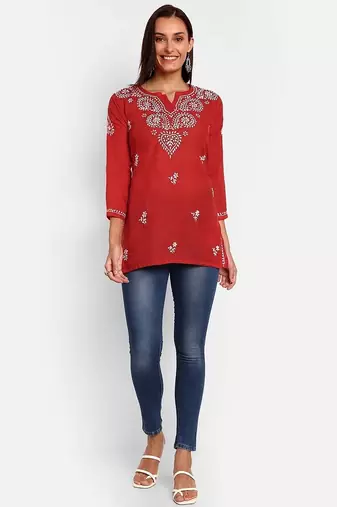 Hand embroidered red cotton lucknowi chikankari kurti