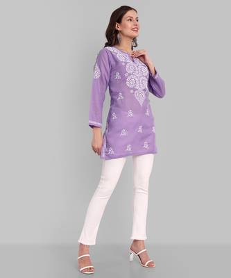Hand embroidered purple cotton lucknowi chikankari kurti 3