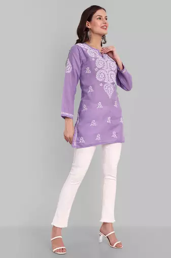 Hand embroidered purple cotton lucknowi chikankari kurti