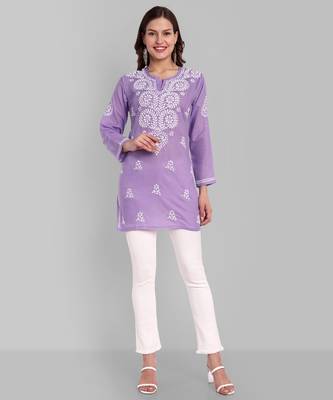 Hand embroidered purple cotton lucknowi chikankari kurti 4