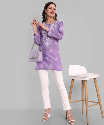 Hand embroidered purple cotton lucknowi chikankari kurti 5