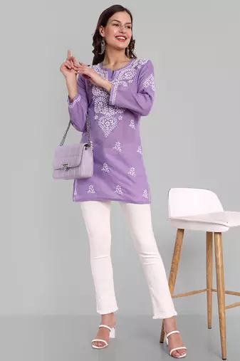 Hand embroidered purple cotton lucknowi chikankari kurti