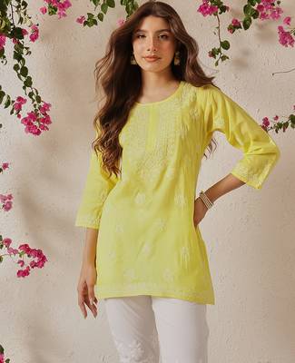 Hand embroidered yellow cotton lucknowi chikankari short kurti 1