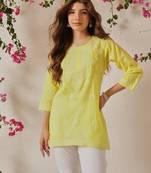 Hand embroidered yellow cotton lucknowi chikankari short kurti