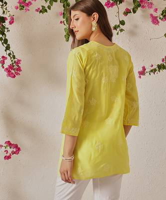 Hand embroidered yellow cotton lucknowi chikankari short kurti 2