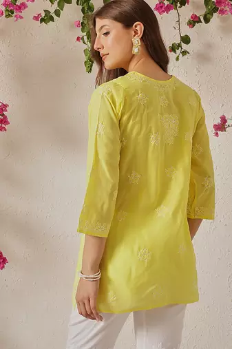 Hand embroidered yellow cotton lucknowi chikankari short kurti