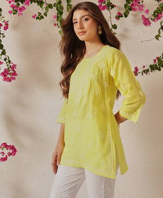 Hand embroidered yellow cotton lucknowi chikankari short kurti 3