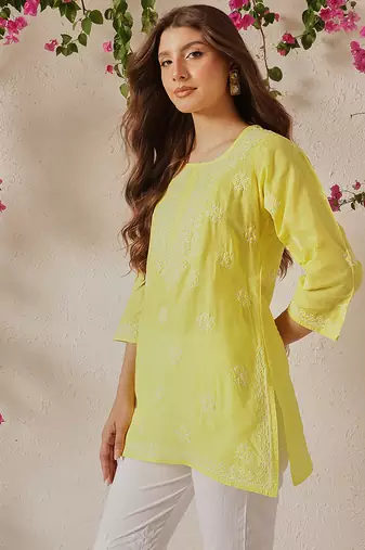 Hand embroidered yellow cotton lucknowi chikankari short kurti