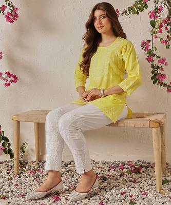 Hand embroidered yellow cotton lucknowi chikankari short kurti 4