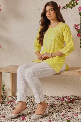 Hand embroidered yellow cotton lucknowi chikankari short kurti