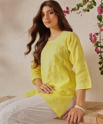Hand embroidered yellow cotton lucknowi chikankari short kurti 5