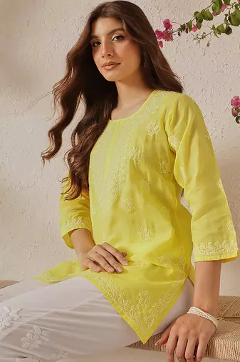 Hand embroidered yellow cotton lucknowi chikankari short kurti