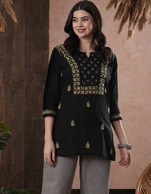 Hand embroidered black cotton lucknowi chikankari straight kurti 1