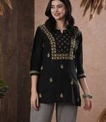 Hand embroidered black cotton lucknowi chikankari straight kurti