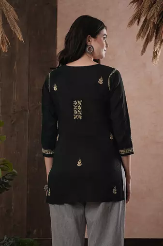Hand embroidered black cotton lucknowi chikankari straight kurti