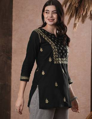 Hand embroidered black cotton lucknowi chikankari straight kurti 3