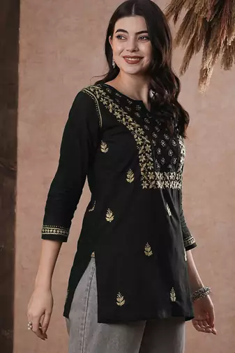 Hand embroidered black cotton lucknowi chikankari straight kurti