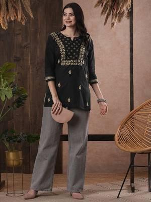 Hand embroidered black cotton lucknowi chikankari straight kurti 4
