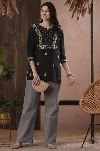 Hand embroidered black cotton lucknowi chikankari straight kurti