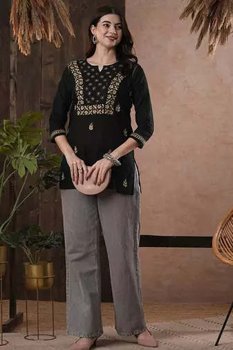 Hand embroidered black cotton lucknowi chikankari straight kurti