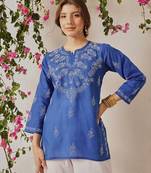 Hand embroidered dark royal blue cotton lucknowi chikankari short kurti
