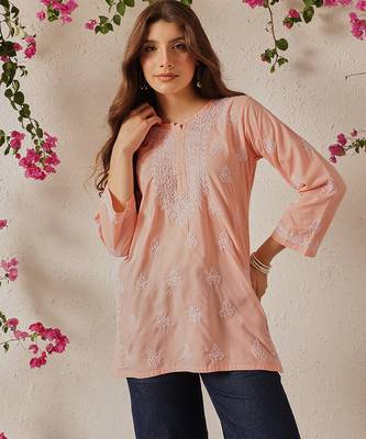 Hand embroidered light peach cotton lucknowi chikankari short kurti 1