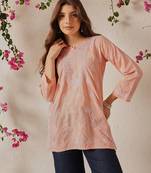 Hand embroidered light peach cotton lucknowi chikankari short kurti
