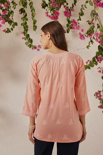 Hand embroidered light peach cotton lucknowi chikankari short kurti