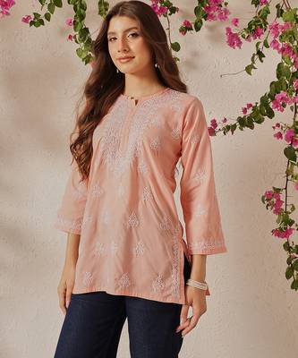 Hand embroidered light peach cotton lucknowi chikankari short kurti 3