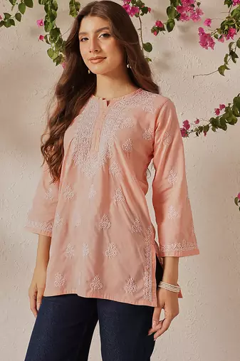 Hand embroidered light peach cotton lucknowi chikankari short kurti