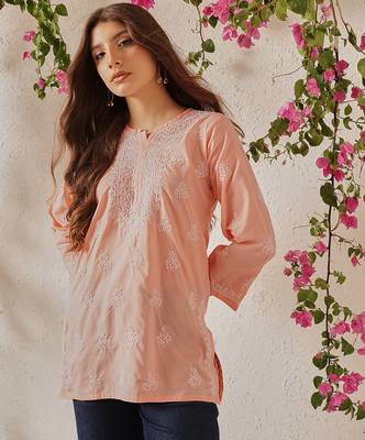 Hand embroidered light peach cotton lucknowi chikankari short kurti 4