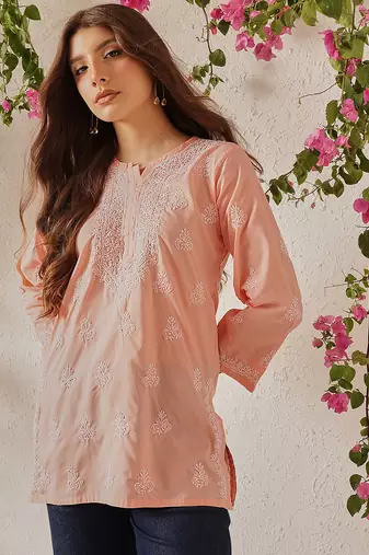 Hand embroidered light peach cotton lucknowi chikankari short kurti
