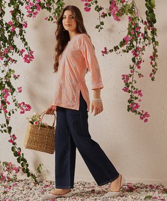 Hand embroidered light peach cotton lucknowi chikankari short kurti 5