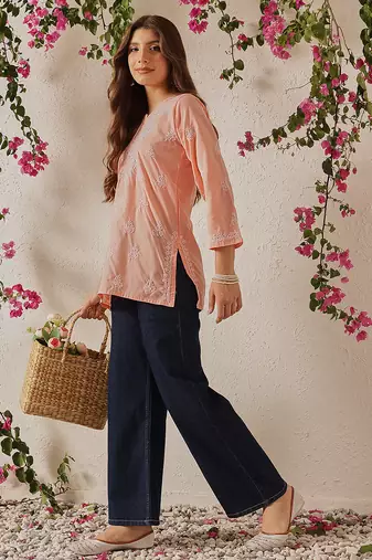 Hand embroidered light peach cotton lucknowi chikankari short kurti