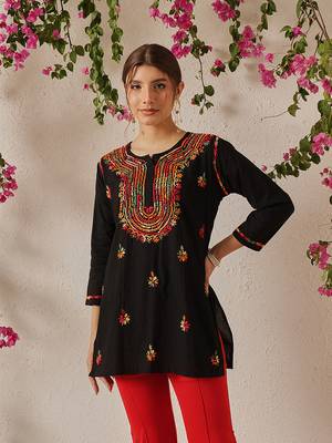 Hand embroidered black cotton lucknowi chikankari short kurti 1