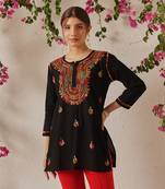 Hand embroidered black cotton lucknowi chikankari short kurti