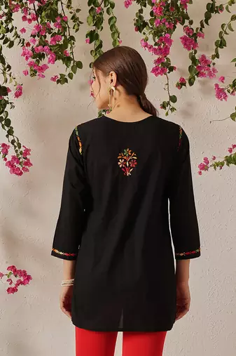 Hand embroidered black cotton lucknowi chikankari short kurti