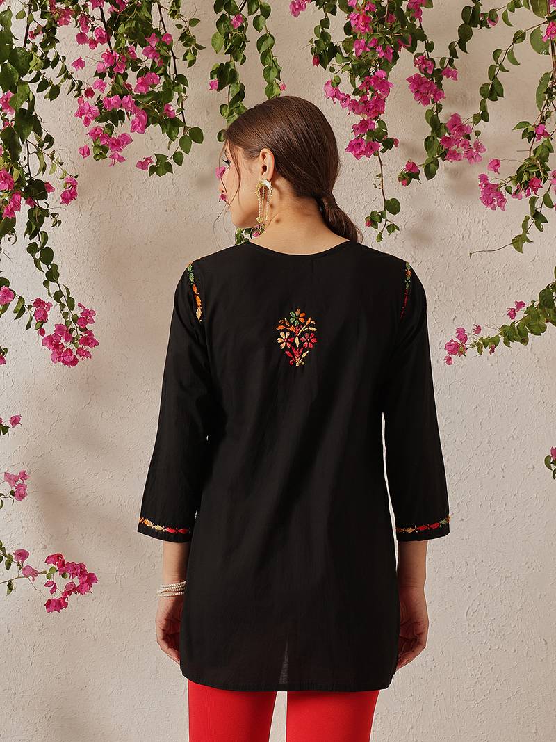 Hand embroidered black cotton lucknowi chikankari short kurti