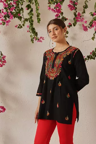 Hand embroidered black cotton lucknowi chikankari short kurti