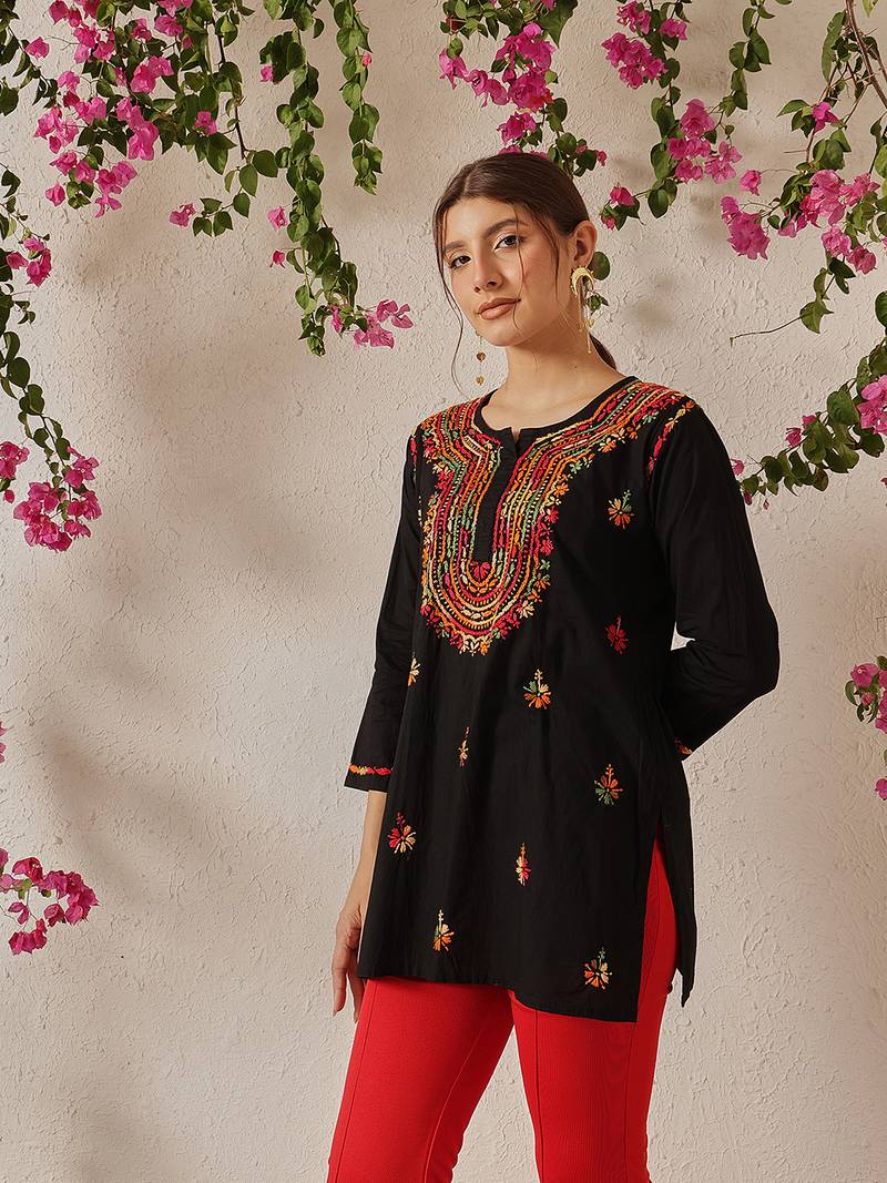Hand embroidered black cotton lucknowi chikankari short kurti