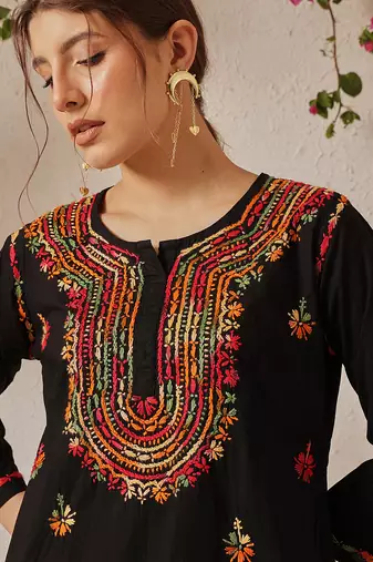 Hand embroidered black cotton lucknowi chikankari short kurti