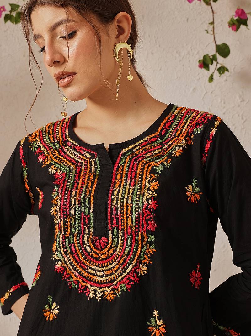Hand embroidered black cotton lucknowi chikankari short kurti