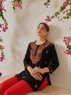 Hand embroidered black cotton lucknowi chikankari short kurti 5
