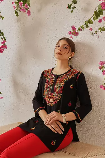 Hand embroidered black cotton lucknowi chikankari short kurti