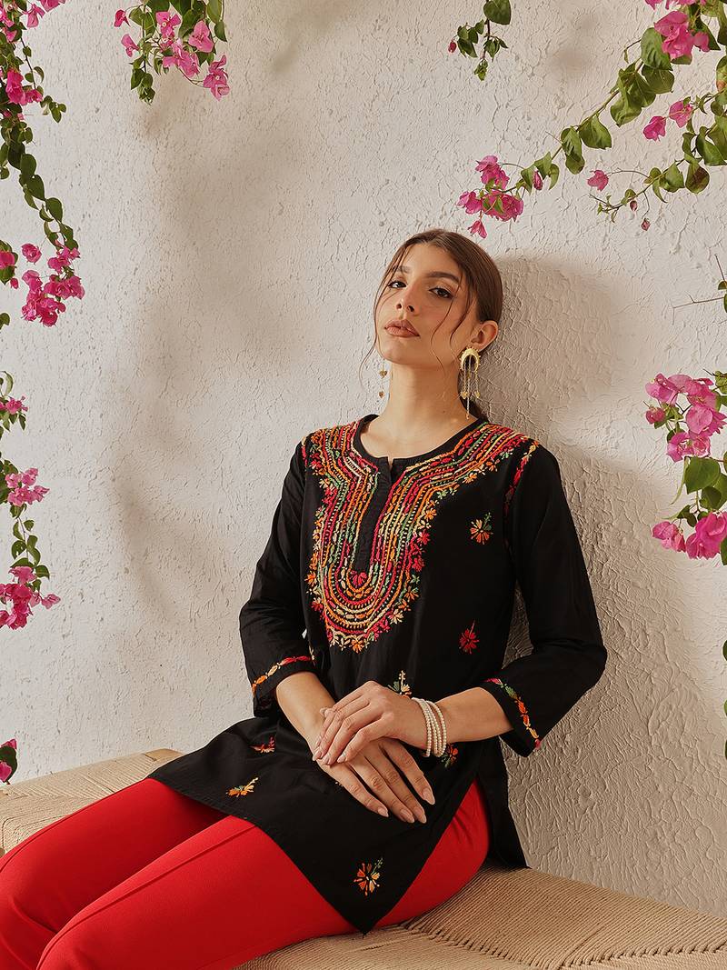 Hand embroidered black cotton lucknowi chikankari short kurti